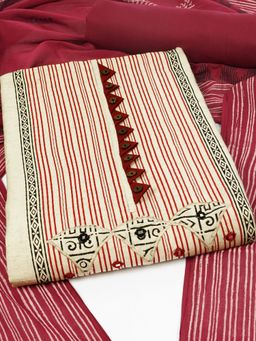 Kami Kubi - Maroon Block Printed Cotton Unstitched Kurta with Bottom & Dupatta (Set of 3)