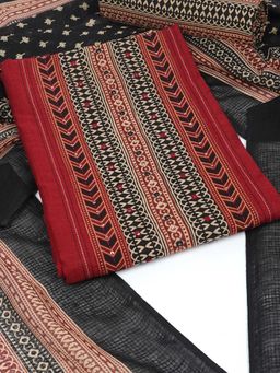 Kami Kubi - Unstitched Red Cotton Kurta with Bottom & Dupatta (Set of 3)