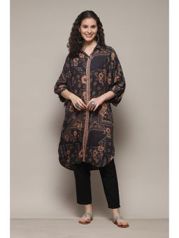 Biba - Doby Printed Black Over Sized Shirt Kurta