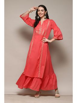 Biba - Cotton Printed Coral Kurta (Set of 2)