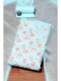 Biba - Turquoise Cotton Blend Screen Print Unstitched Suit (Set of 3)