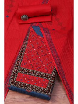 Biba - Red Cotton Handloom Embroidered Unstitched Suit (Set of 3)
