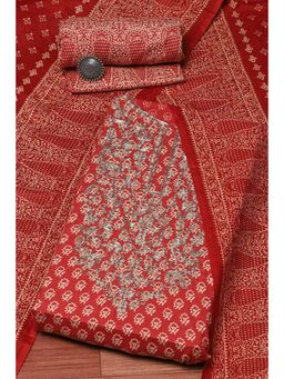 Biba - Red Cotton Handloom Embroidered Unstitched Suit (Set of 3)
