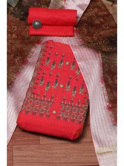 Biba - Red Chanderi Embroidered Unstitched Suit (Set of 3)