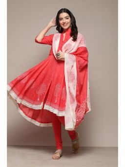Biba - Cotton Embroidery White Red Kurta with Churidar & Dupatta (Set of 3)