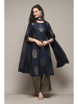 Biba - Cotton Printed Navy Blue Kurta with Palazzo & Dupatta (Set of 3)