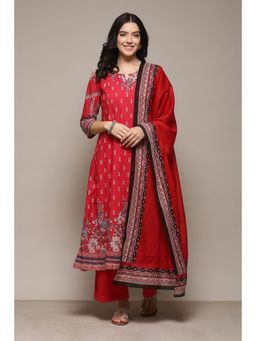 Biba - Doby Printed Red Kurta with Palazzo & Dupatta (Set of 3)
