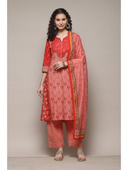 Biba - Cotton Mirror Work Red Kurta with Pant & Dupatta (Set of 3)