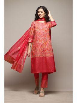 Biba - Polyester Printed Coral Kurta with Pant & Dupatta (Set of 3)