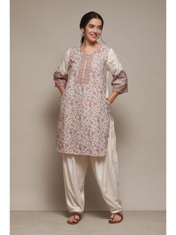 Biba - Cotton Blend Woven Off White Kurta with Salwar (Set of 2)