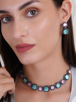 Adwitiya - Rhodium Plated Multicolor Stones Necklace Jewellery Set