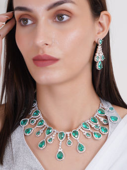 Adwitiya - Rhodium Plated Mint Blue Emerald Cz Studded Necklace Set