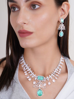 Adwitiya - Rhodium Plated Blue Crystal White Cz Studded Necklace Set
