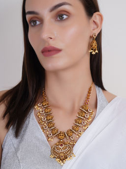 Adwitiya - Gold Plated Laxmi Temple Necklace with Stone Studded Hanging Earrings Set
