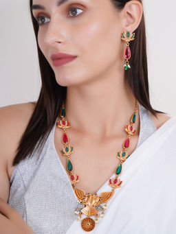 Adwitiya - Gold Plated Multi-Color Oxidised Lotus Design Pearl Beaded Necklace Set