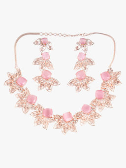 Adwitiya - Rose Gold Plated Cz Studded Floral Design Pink Crystal Necklace Set