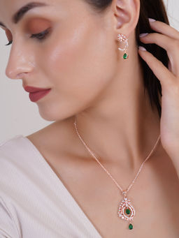 Adwitiya - Rose Gold Plated Green Emerald Cz Diamond Studded Necklace Set