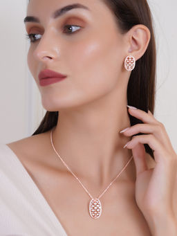 Adwitiya - Rose Gold Plated Oval Shape Cz Studded Pendant with Earrings Set