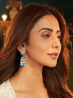 Accessher - Gold Plated Bluw Semi Precious Blue Stones Studded Jhumka Earrings