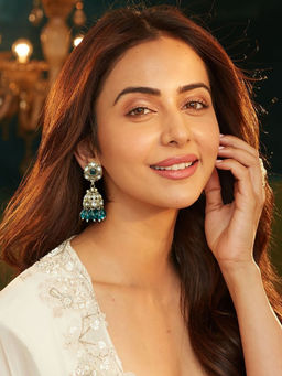 Accessher - Gold-Tone Teal Stone Cream Pearls and Polki Jhumka Earrings