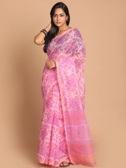 Indethnic - Pink Floral Cotton Blend Saree with Unstitched Blouse