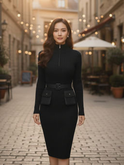Trenbee - Synthia Bodycon Black Dress With Belt