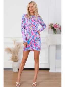 Errabelly - Sky Multi-Color Floral Print Crossed Hem Long Sleeve Mini Dress