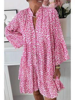 Errabelly - Bright Pink Leopard Printed Long Sleeve Buttoned Front Knee Dress