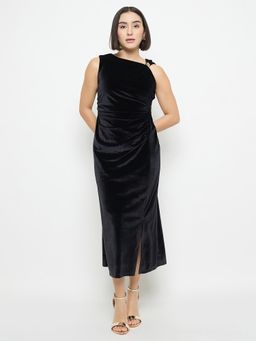 Madame - Side Ruched Midi Black Sheath Dress