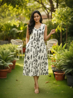 PIMU - V-Neck Midi Dress With Blue Graphic Print