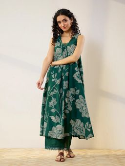 PIMU - Women Floral Printed Pleated Pure Cotton Green Kurta With Palazzo