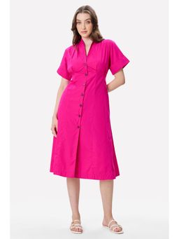 Virgio - Solid Cotton Pleat Detail Beige Midi Dress For Women