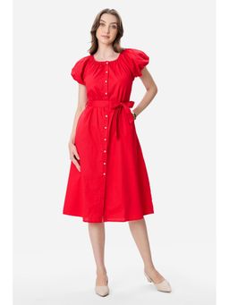 Virgio - Solid Cotton Bubble Sleeve Midi Dress With Belt