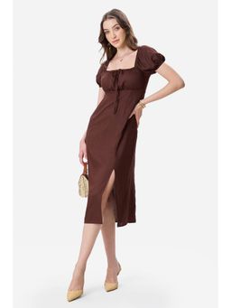 Virgio - Solid Viscose Puff Sleeve Brown Midi Dress For Women