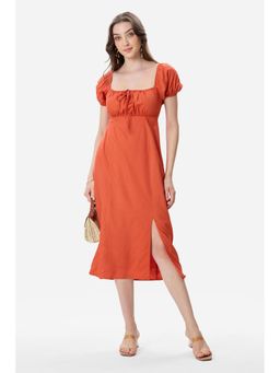 Virgio - Solid Viscose Puff Sleeve Rust Midi Dress For Women