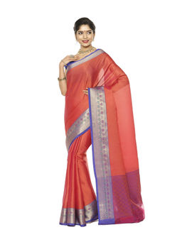 Banarasi Silk Works - Orange Resham Zari Blue Pattu Border Art Saree with Unstitched Blouse