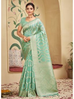 Sangam Prints - Turquoise Organza Woven Zari Work Traditional Tassel Saree with Unstitched Blouse