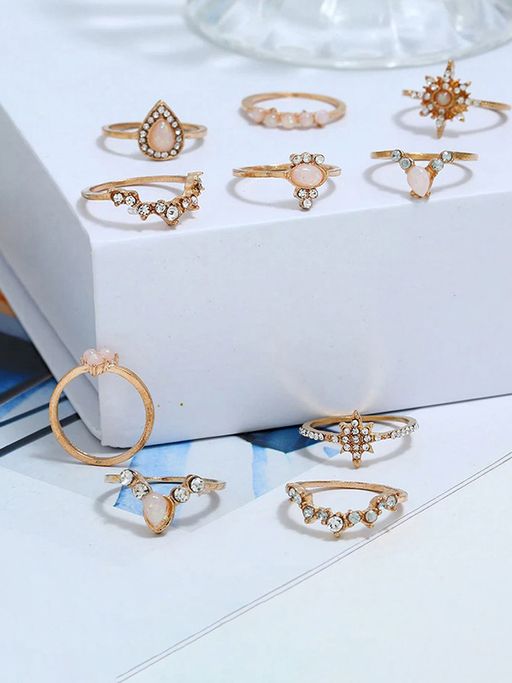 Jewels Galaxy Women Set of 10 Gold-Toned Gold-Plated Stone-Studded Finger Rings