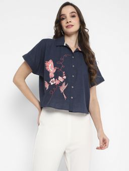 Taurus - Blue Embroidered Chambray Crop Shirt