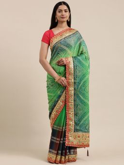 Vastranand - Green & Blue Bandhani Gotta Patti Bandhani Saree with Unstitched Blouse