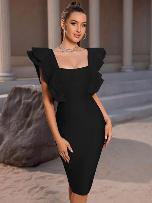 ankle boots with bodycon dress Black Solid Sleeveless Square Neck Mini Bodycon Dresses for Women