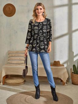 KOTTY - Womens Regular Sleeves Printed Black & Beige Top