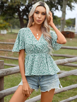 KOTTY - Womens Flared Sleeves Printed Green & White Top