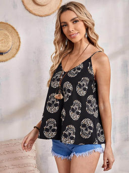 KOTTY - Womens Printed Noodle Straps Black & White Top