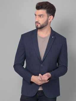 CRIMSOUNE CLUB - Men Navy Blue Checked Single Breasted Blazer