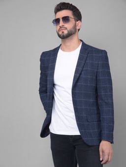 CRIMSOUNE CLUB - Men Navy Blue Checked Single Breasted Blazer