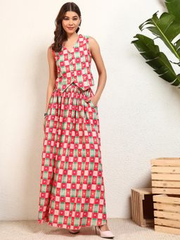 Deebaco - Multi Check Heart Printed Viscose Waist Coat With Skirt Women