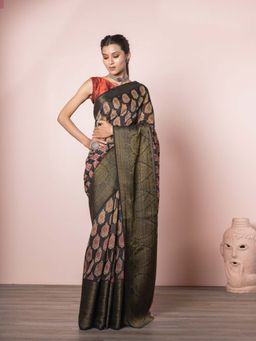 EXCLUSIVA - Black Soft Printed Silk Linen Saree with Unstitched Blouse
