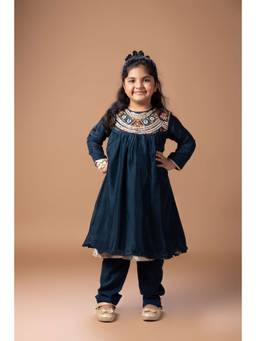 LITTLE BRATS - Dark Blue Tread Embroidered On Yoke Of Kurti Top & Pant