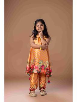 LITTLE BRATS - Zigzag Flower Printed Orange Kurti Top with Pant Set